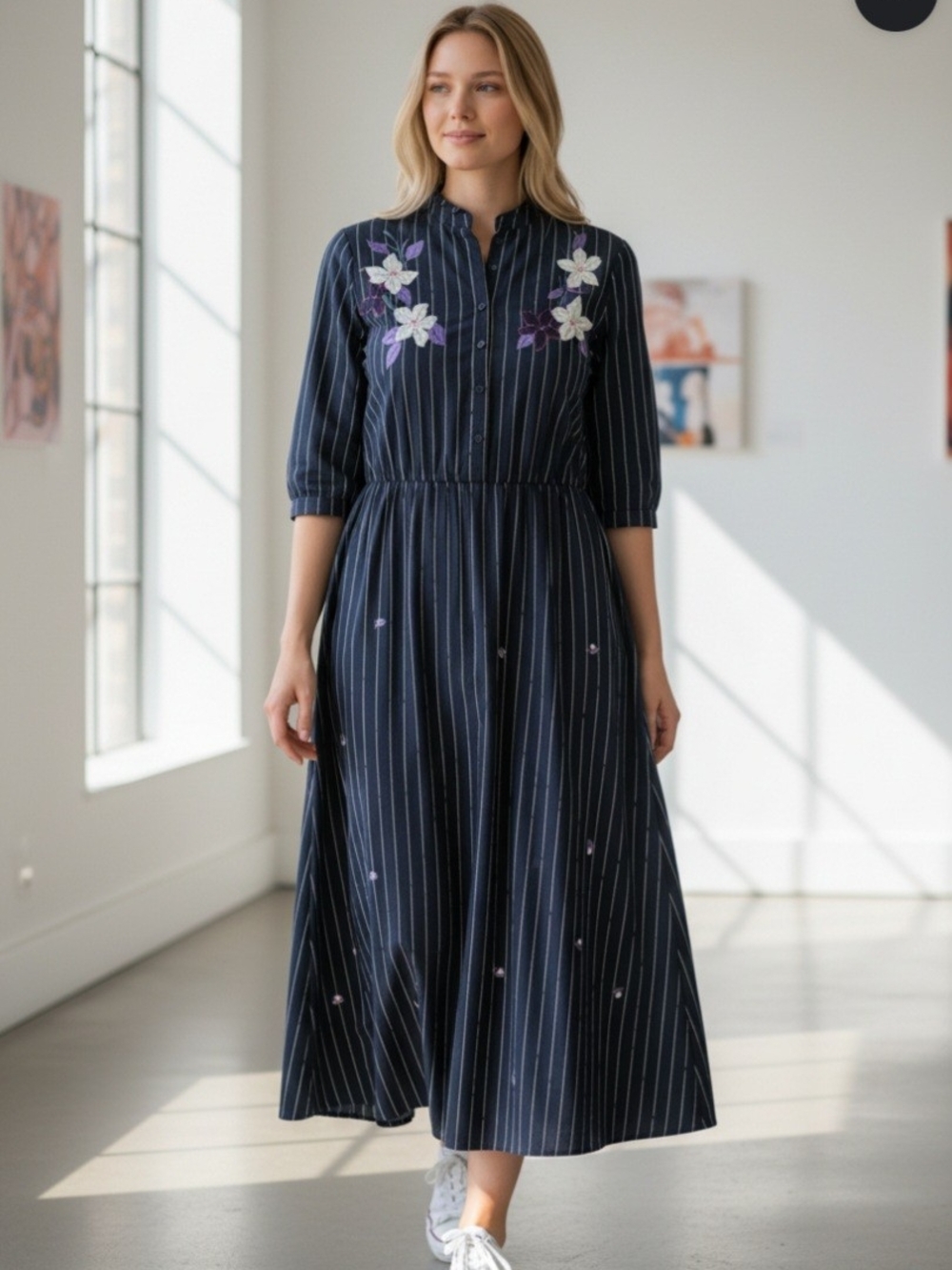 Navy Pinstripe Maxi Dress with Floral Embroidery